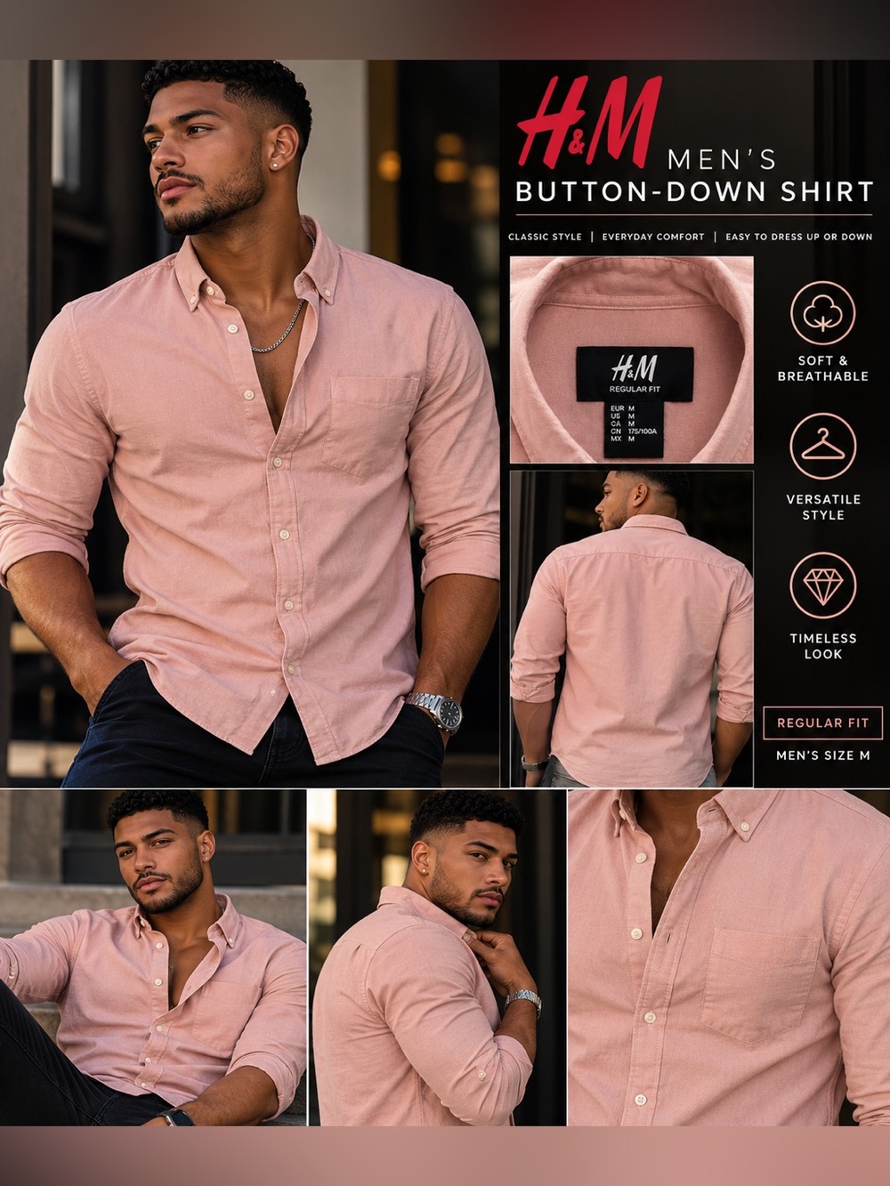 H&M Men's Light Pink Button-Down Shirt - Casual Regular Fit size Medium